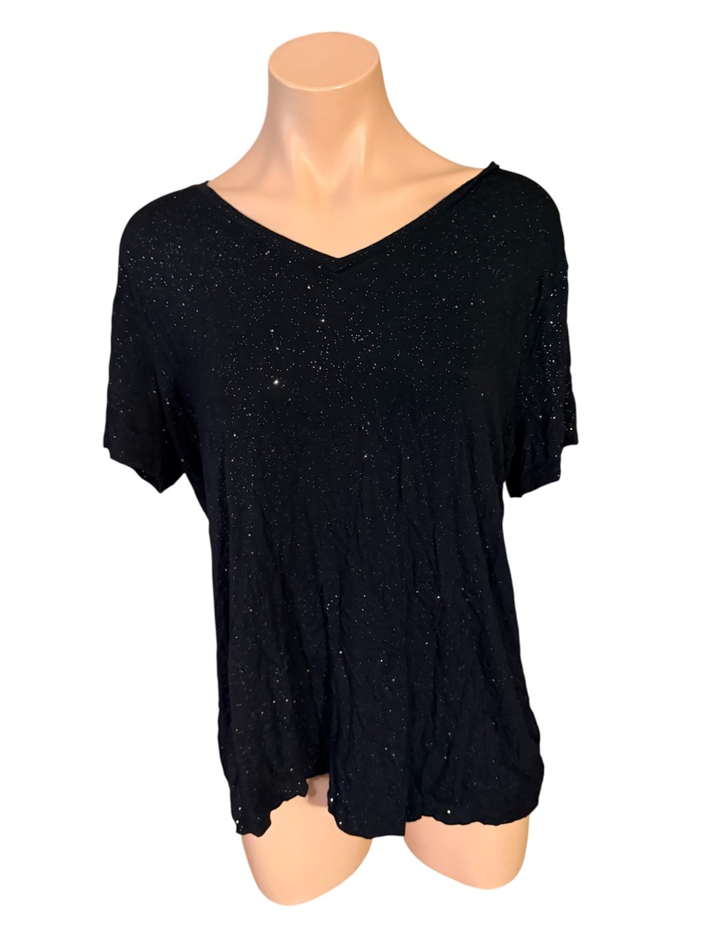 Celebrate Together Womens XXL Black Super Glitter Sparkle Shimmer V-Neck Tee Top